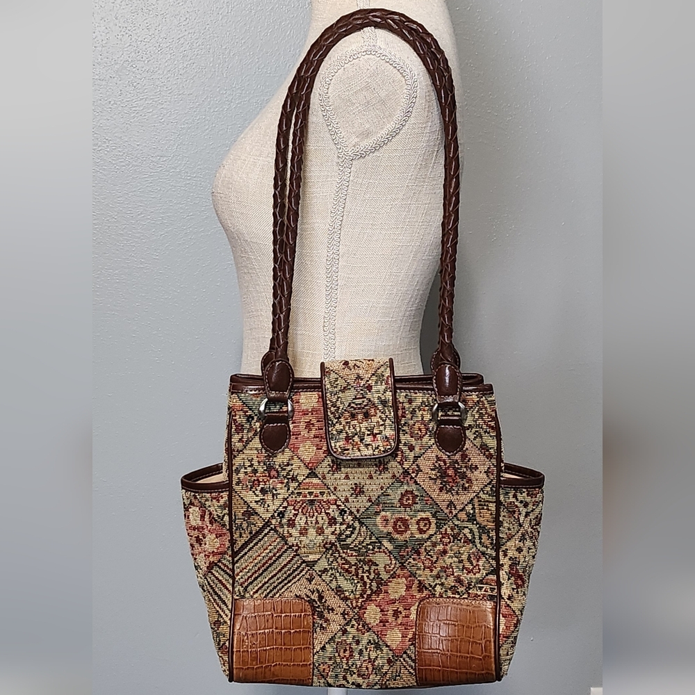 Coldwater Creek Boho Floral Tapestry Cottage Double Strap Shoulder Bag Leather